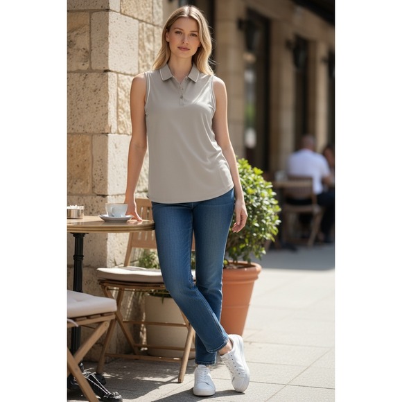 Elle Sport Tops - Elle Sport Womens Sleeveless Polo Shirt Tan Taupe Golf Tennis Active Top Large